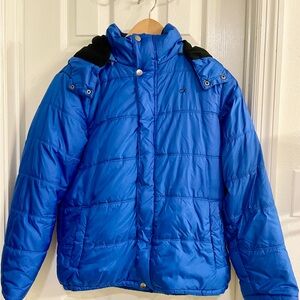 Large Calvin Klein Kids Blue Coat with hood and pockets with snap buttons!